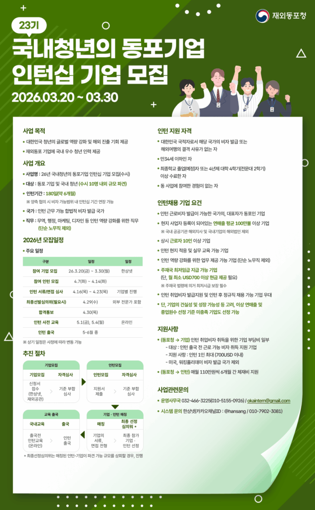 [모집공고] 재외동포청 – 「국내청년의 동포기업 인턴십 사업」을 시행